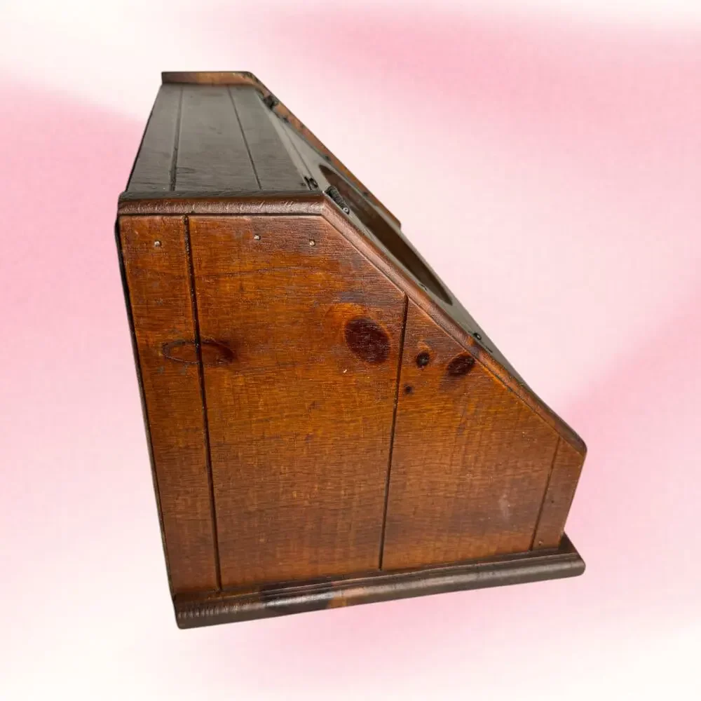 Vintage Wood Bread Box Oval Glass Window Strap Hinges Farmhouse Primitive